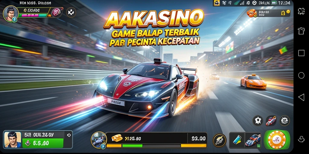 Gameplay seru AAKASINO dengan mobil balap di lintasan menantang.