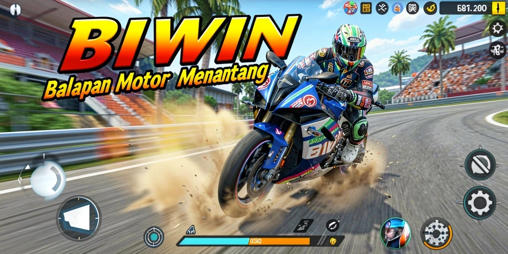 Screenshot utama BIWIN menampilkan aksi balapan motor yang seru.