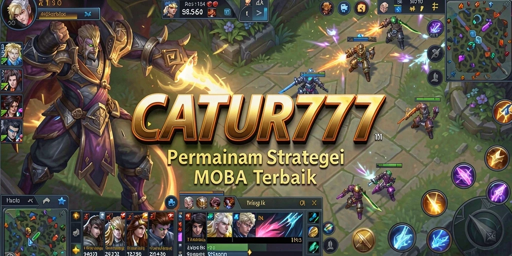 Tampilan gameplay <strong>CATUR777</strong> dengan aksi MOBA yang intens.