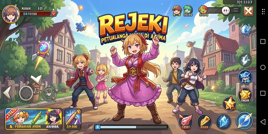 Tampilan utama gameplay REJEKI dengan karakter-karakter anime.