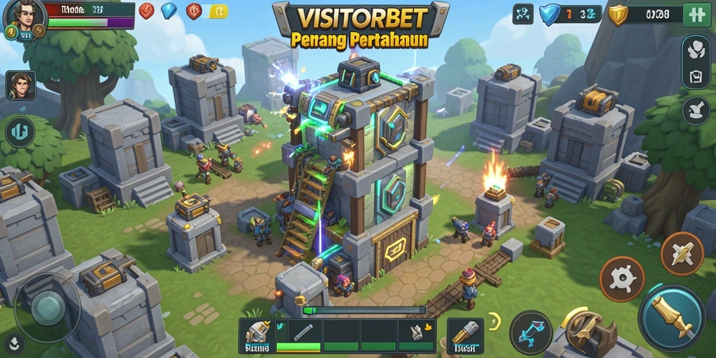 Screenshot gameplay <strong>VISITORBET</strong> menampilkan pertahanan menara yang strategis menghadapi serangan musuh.